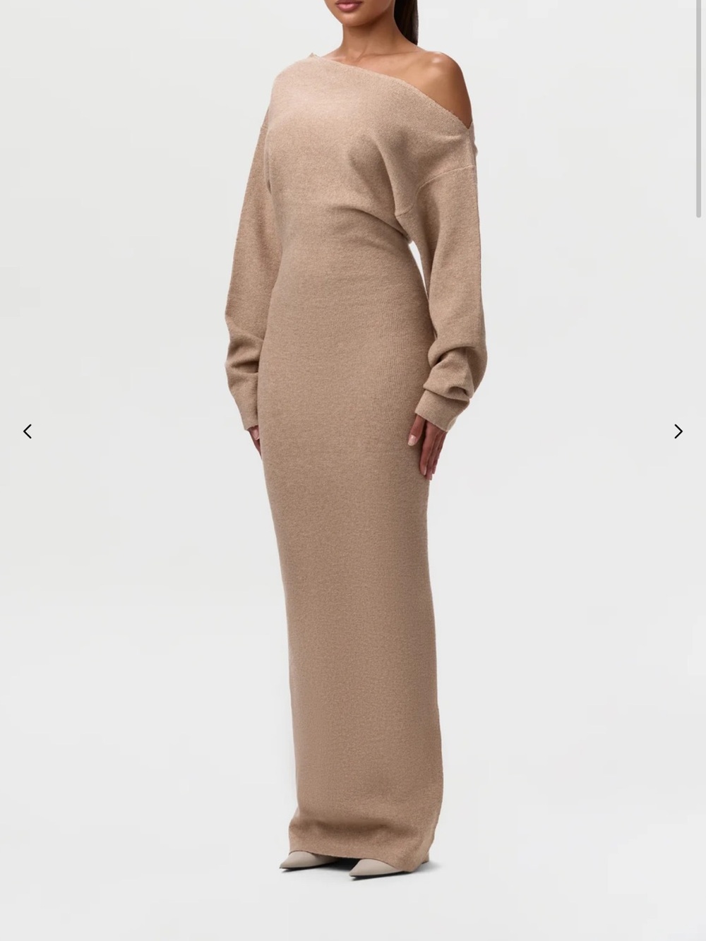 naked wardrobe One-Shoulder Knit Maxi Dress in Camel Taupe